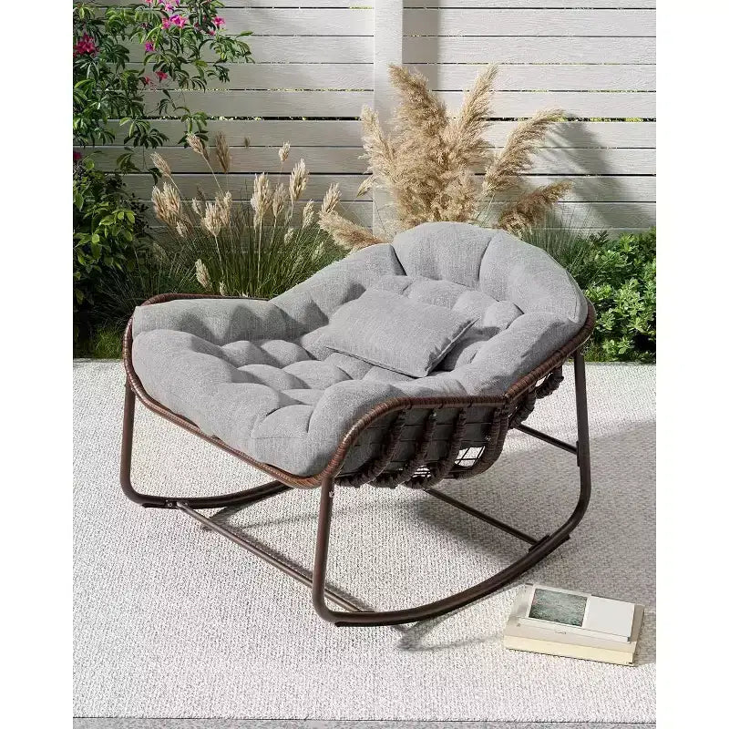 Fauteuil à bascule Papasan surdimensionné, cadre en métal, coussin en osier et rotin