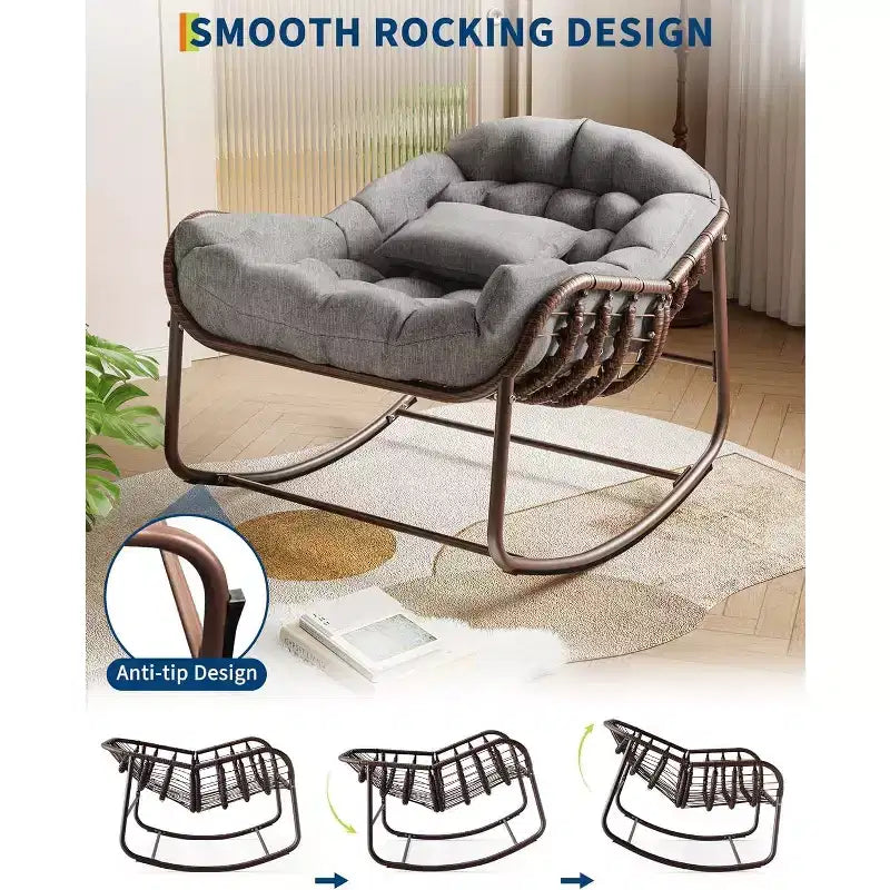 Fauteuil à bascule Papasan surdimensionné, cadre en métal, coussin en osier et rotin
