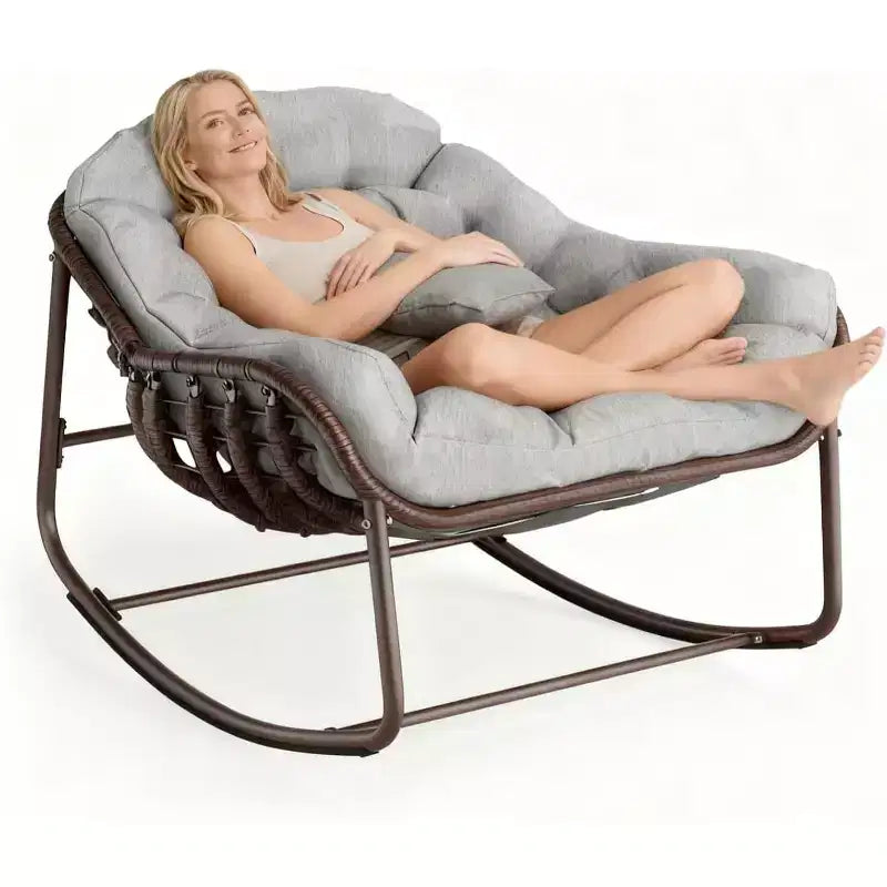 Fauteuil à bascule Papasan surdimensionné, cadre en métal, coussin en osier et rotin