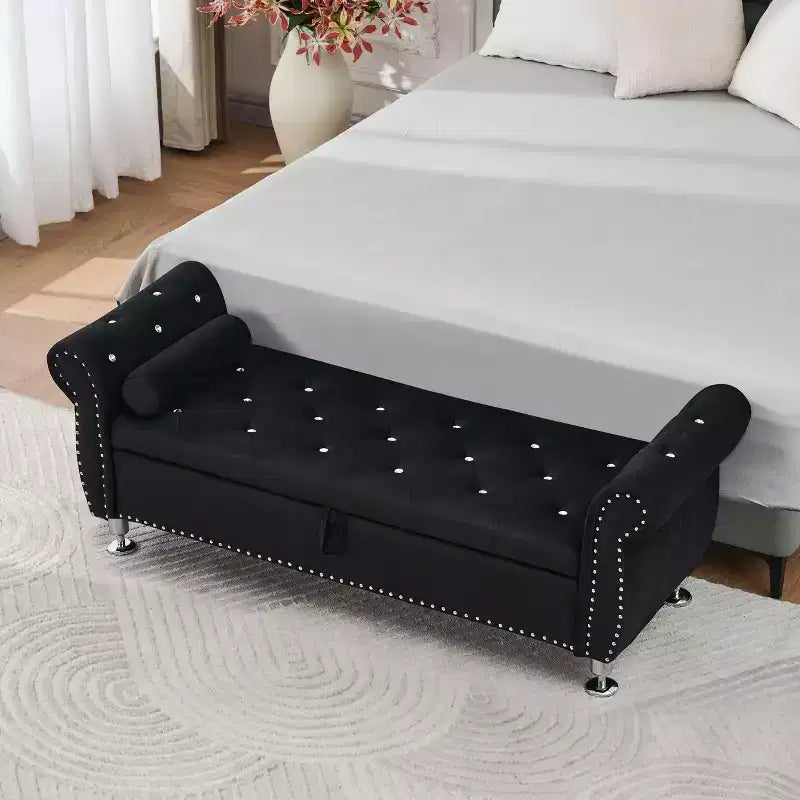 Banc de rangement moderne en velours avec boutons en cristal et 1 oreiller