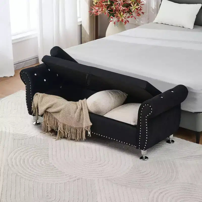 Banc de rangement moderne en velours avec boutons en cristal et 1 oreiller