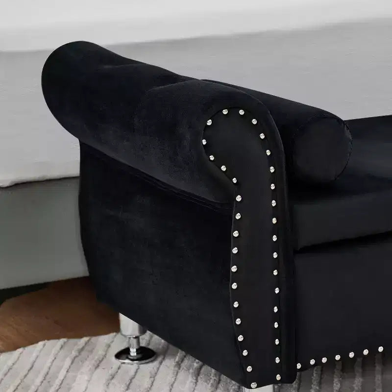 Banc de rangement moderne en velours avec boutons en cristal et 1 oreiller