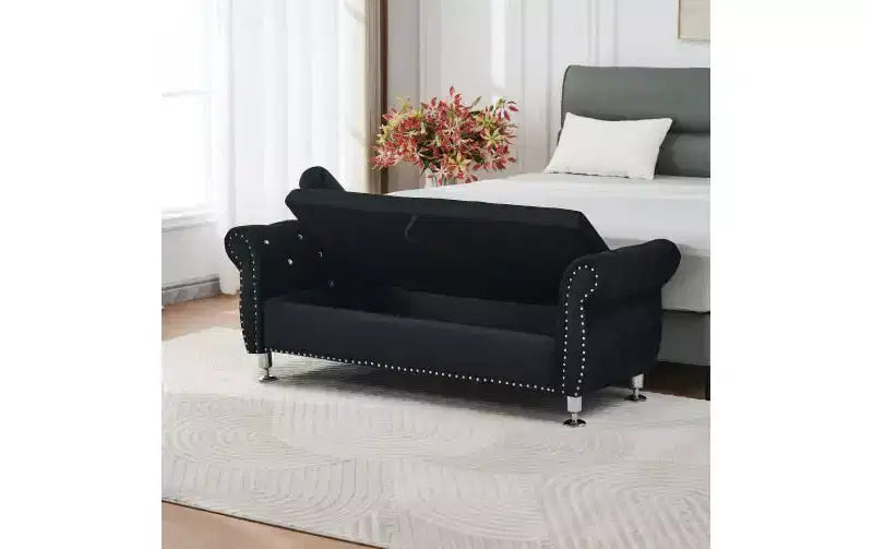 Banc de rangement moderne en velours avec boutons en cristal et 1 oreiller
