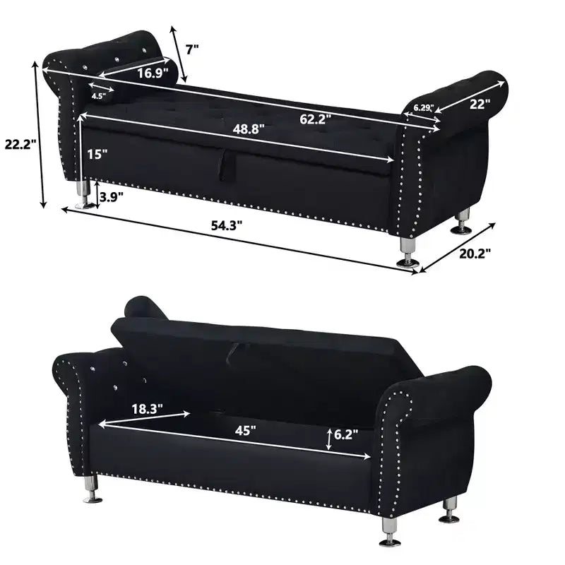 Banc de rangement moderne en velours avec boutons en cristal et 1 oreiller