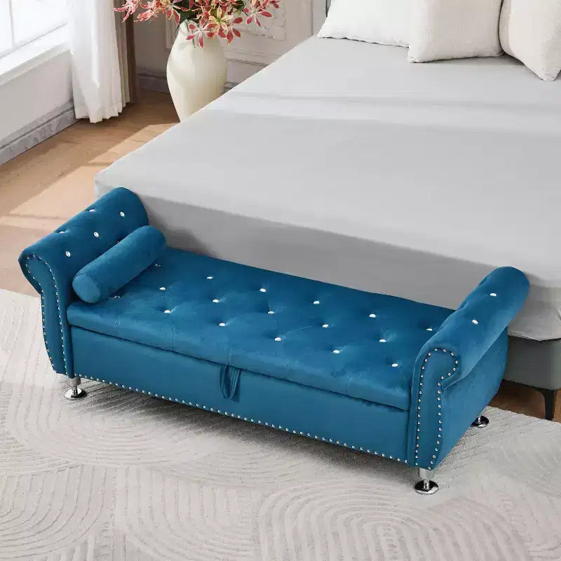 Banc de rangement moderne en velours avec boutons en cristal et 1 oreiller