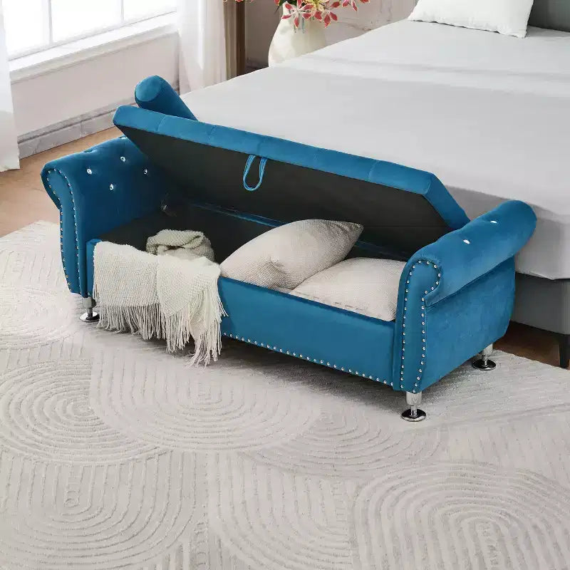 Banc de rangement moderne en velours avec boutons en cristal et 1 oreiller