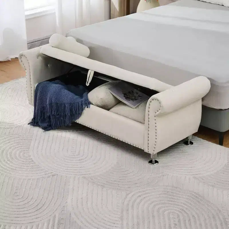 Banc de rangement moderne en velours avec boutons en cristal et 1 oreiller