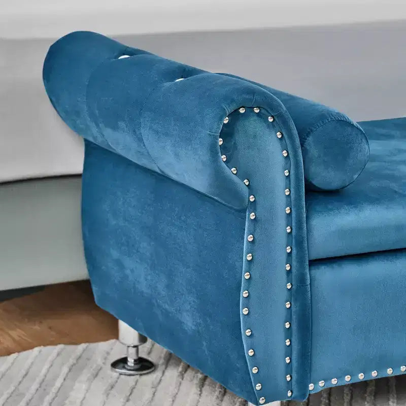 Banc de rangement moderne en velours avec boutons en cristal et 1 oreiller