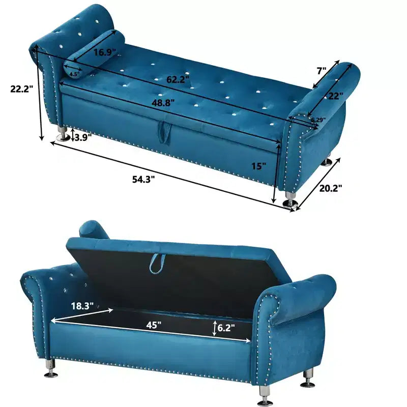 Banc de rangement moderne en velours avec boutons en cristal et 1 oreiller