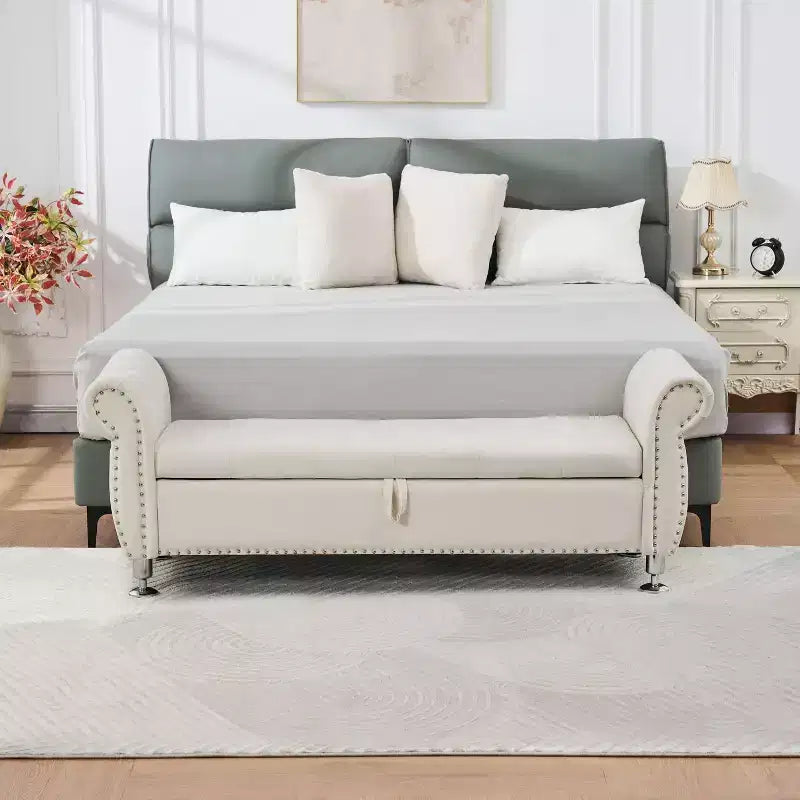 Banc de rangement moderne en velours avec boutons en cristal et 1 oreiller