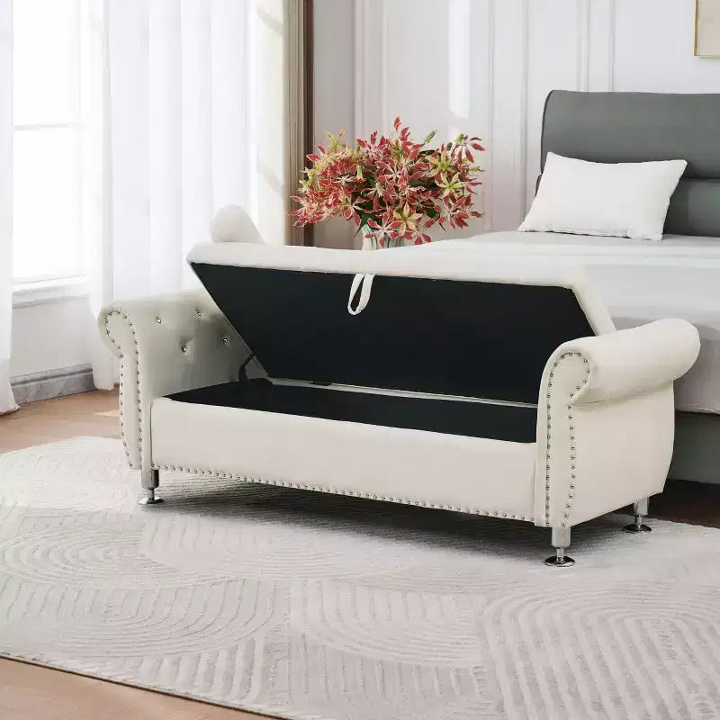 Banc de rangement moderne en velours avec boutons en cristal et 1 oreiller