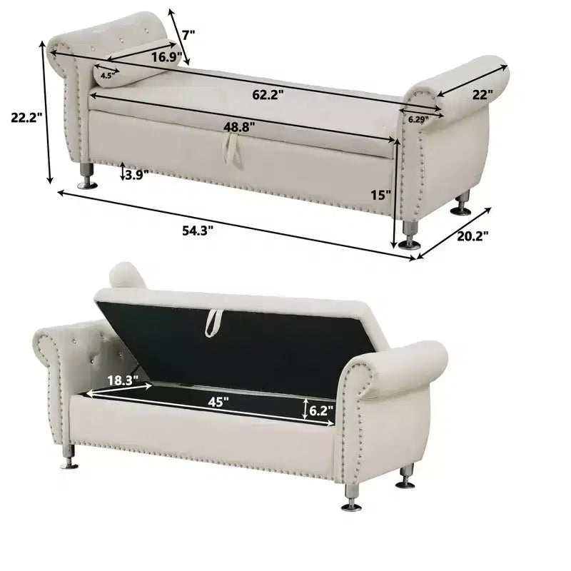 Banc de rangement moderne en velours avec boutons en cristal et 1 oreiller