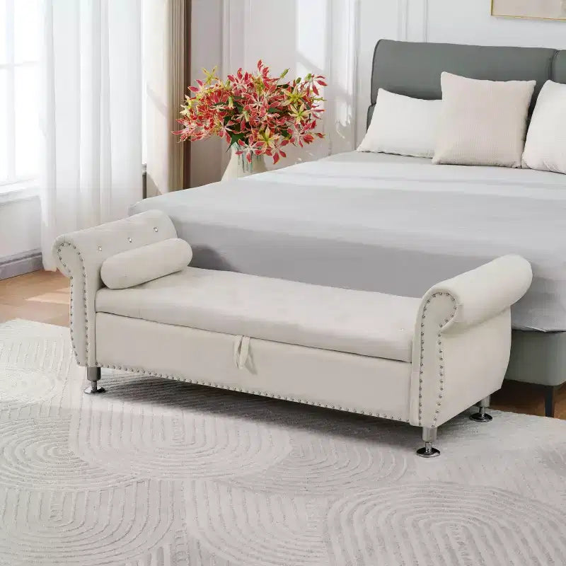 Banc de rangement moderne en velours avec boutons en cristal et 1 oreiller