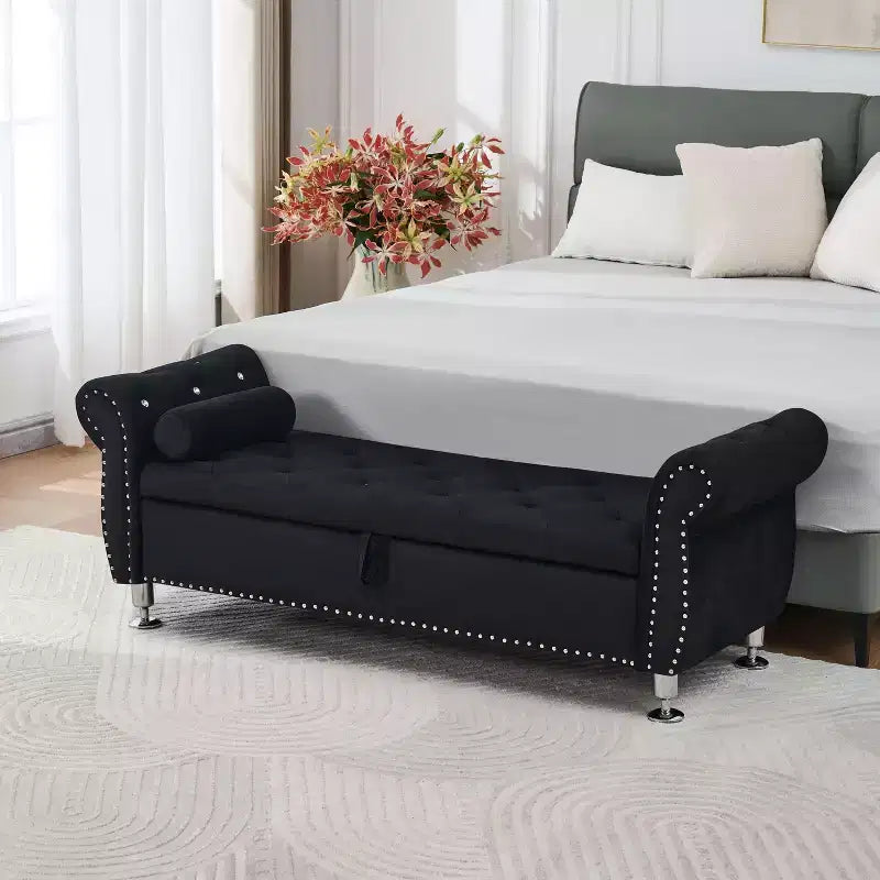 Banc de rangement moderne en velours avec boutons en cristal et 1 oreiller