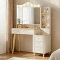 Okak Makeup Vanity with 2 USB Power Strip, Vanity Table with Foldable Three-Sided Mirror, Ample Storage Dressing Table for Home, White