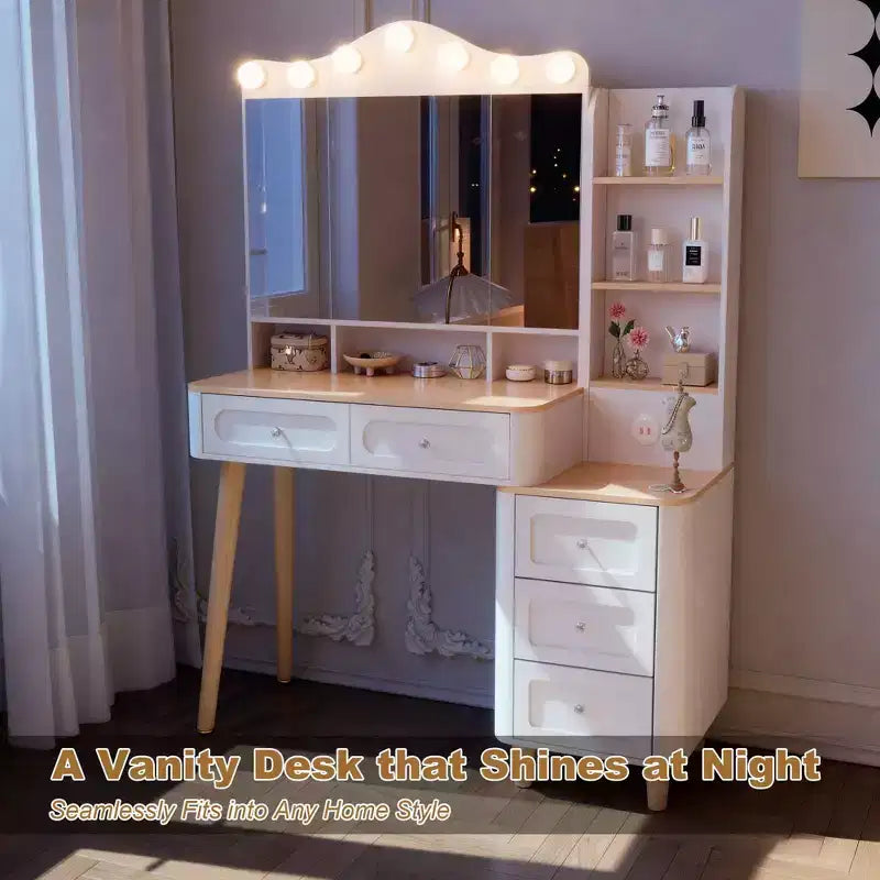 Coiffeuse avec 2 prises USB, coiffeuse avec miroir triptyque pliable