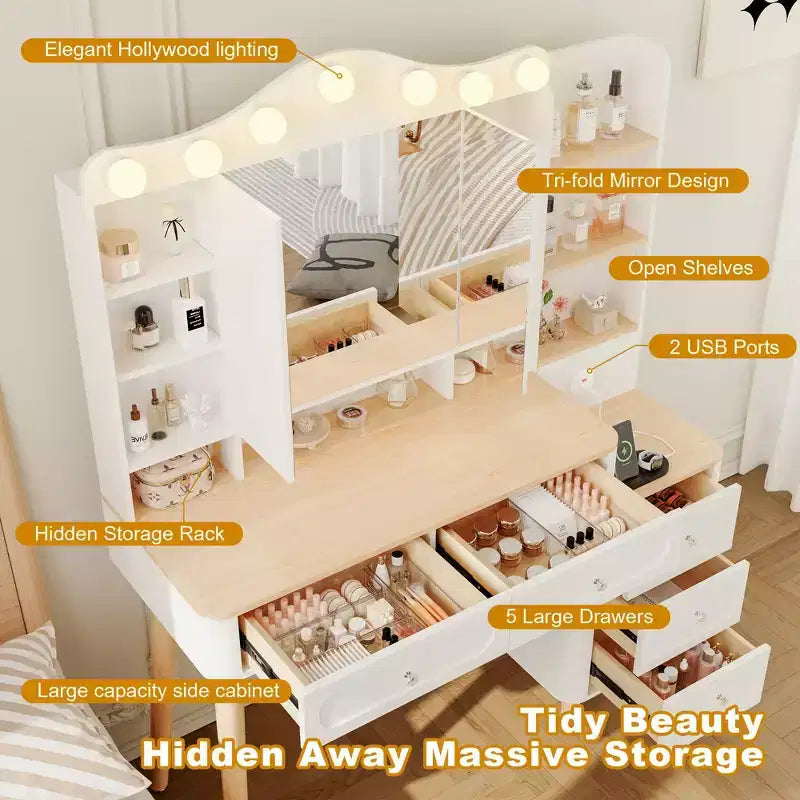 Coiffeuse avec 2 prises USB, coiffeuse avec miroir triptyque pliable