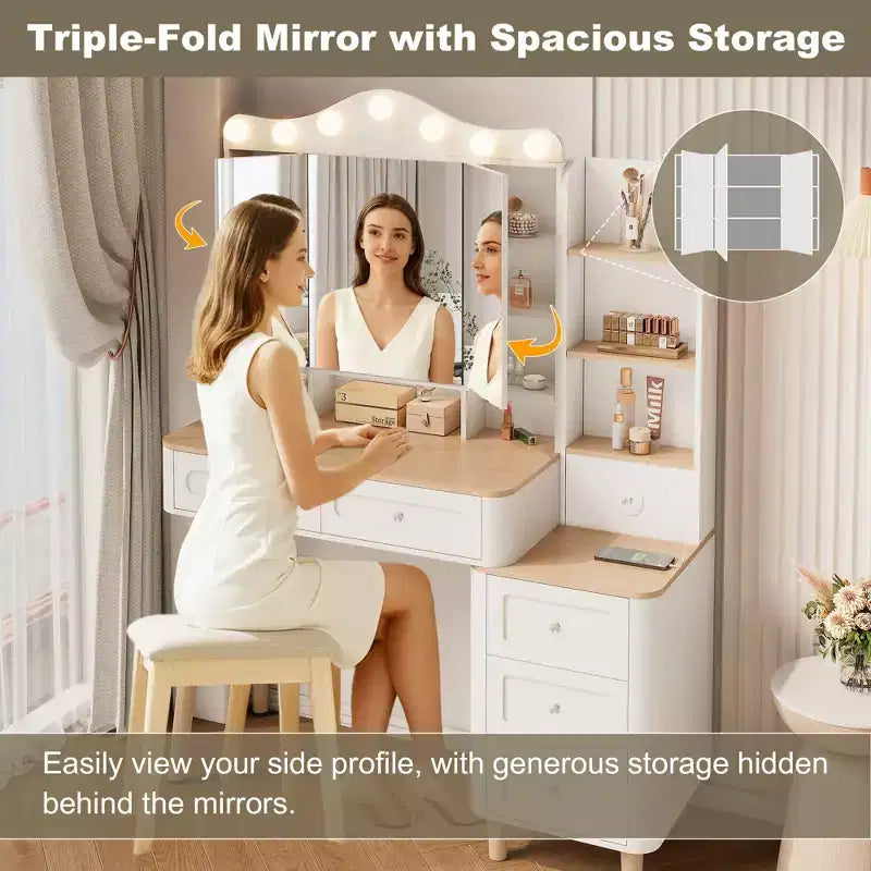 Coiffeuse avec 2 prises USB, coiffeuse avec miroir triptyque pliable