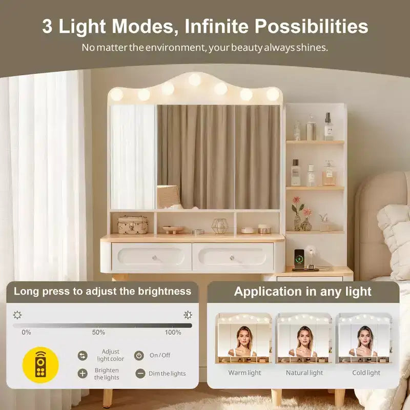 Coiffeuse avec 2 prises USB, coiffeuse avec miroir triptyque pliable