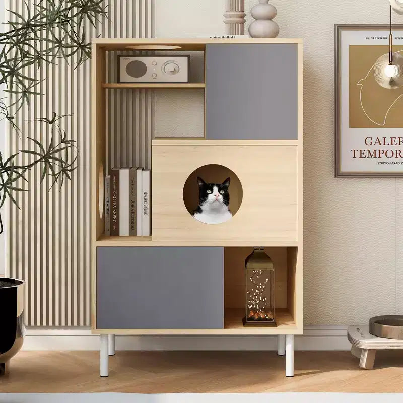JVNOXK 2-in-1 Modern Cat Tree & Side Cabinet, Wooden Bookshelf with Cat Litter Box Enclosure, Cat Climbing Frame with Hidden Storage Space