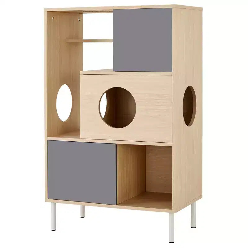 Arbre à chat et meuble d'appoint modernes, étagère en bois avec cache-litière