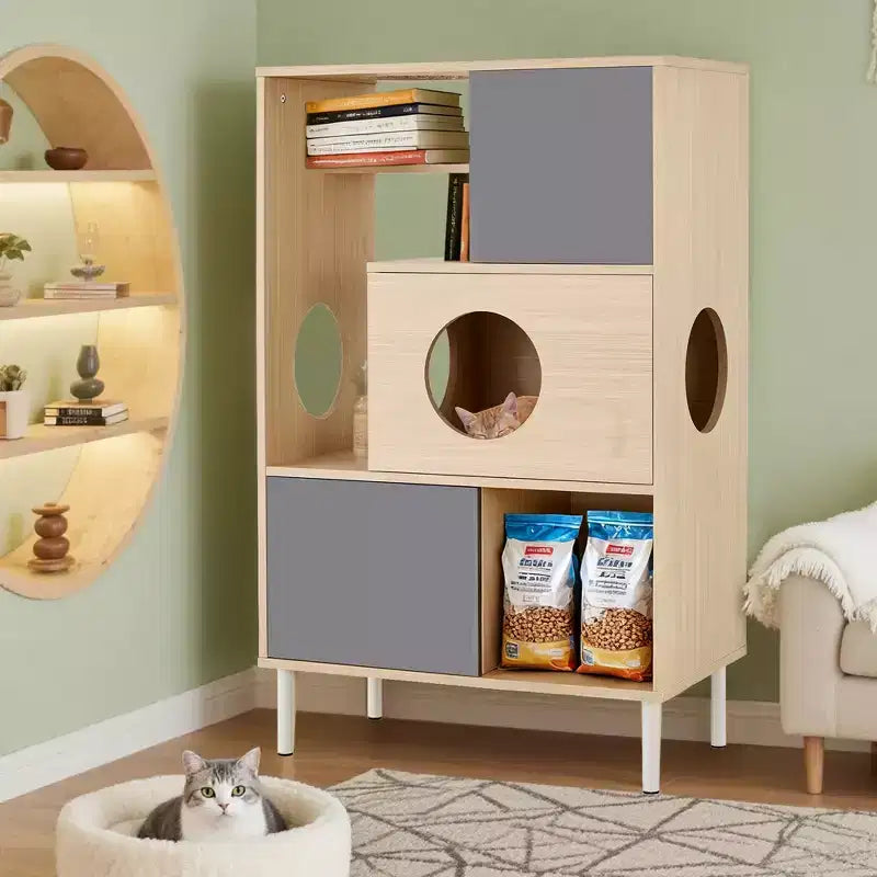 Arbre à chat et meuble d'appoint modernes, étagère en bois avec cache-litière