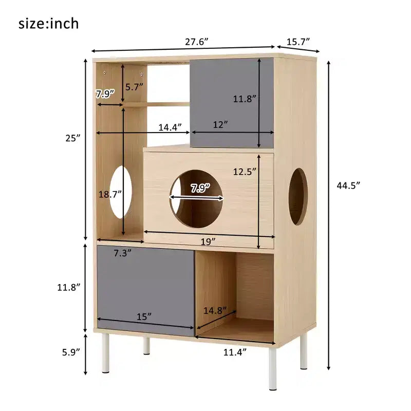 Arbre à chat et meuble d'appoint modernes, étagère en bois avec cache-litière