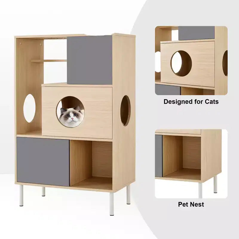 Arbre à chat et meuble d'appoint modernes, étagère en bois avec cache-litière