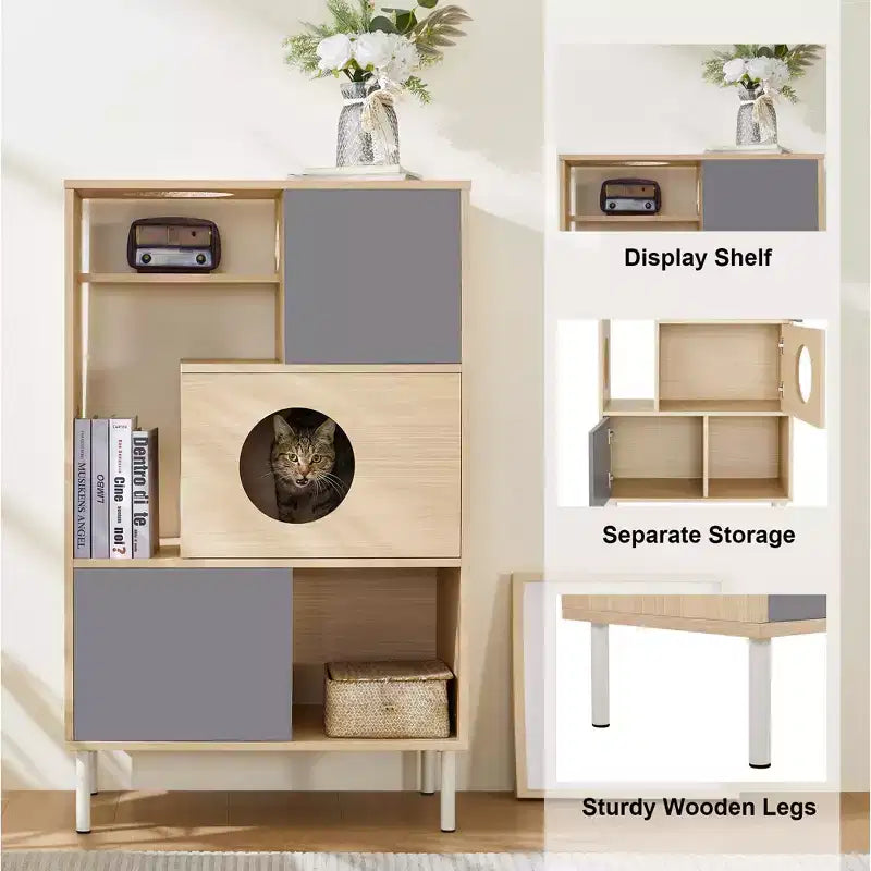 Arbre à chat et meuble d'appoint modernes, étagère en bois avec cache-litière
