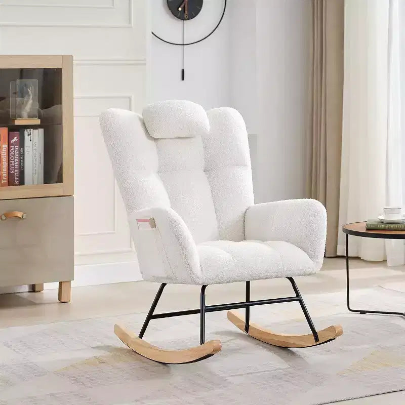 Rocking Chair Nursery Teddy Upholstered Glider Rocker Rocking Accent Chair Padded Seat with High Backrest for Living Room