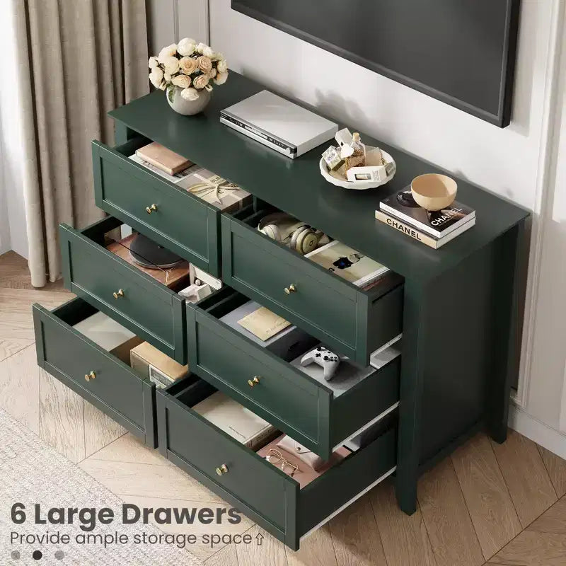 Commode 6 tiroirs pour chambre à coucher, commode en bois moderne avec tiroirs de rangement profonds