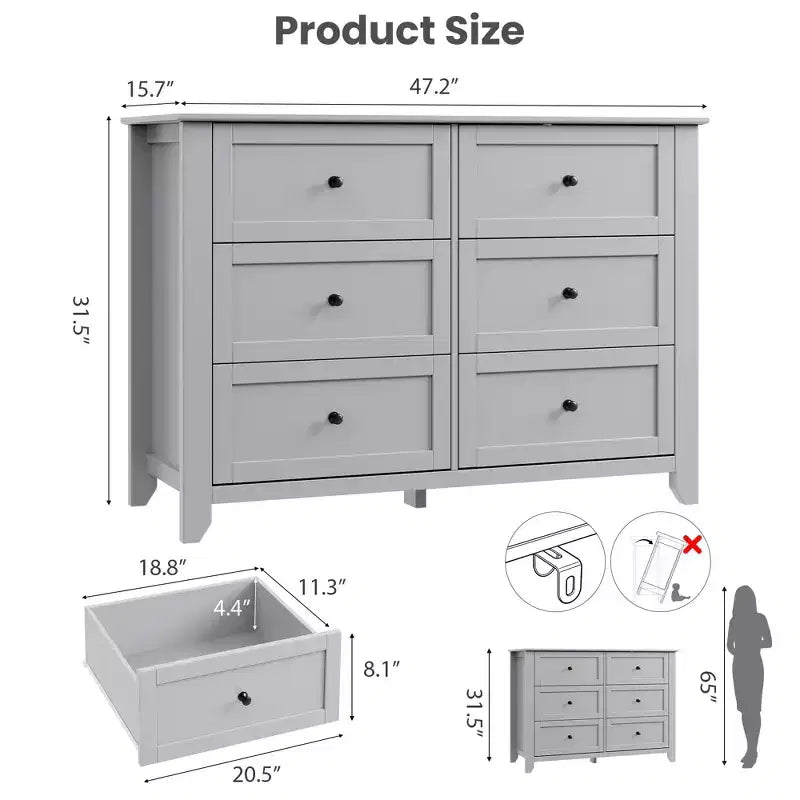 Commode 6 tiroirs pour chambre à coucher, commode en bois moderne avec tiroirs de rangement profonds