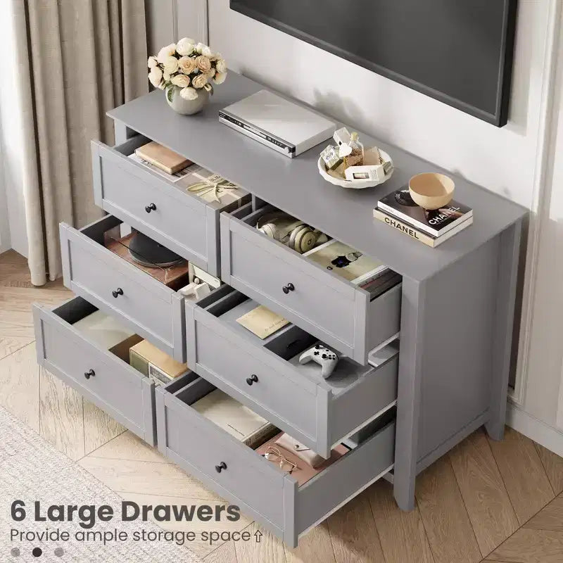 Commode 6 tiroirs pour chambre à coucher, commode en bois moderne avec tiroirs de rangement profonds