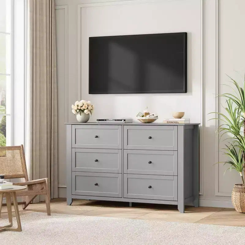 Commode 6 tiroirs pour chambre à coucher, commode en bois moderne avec tiroirs de rangement profonds