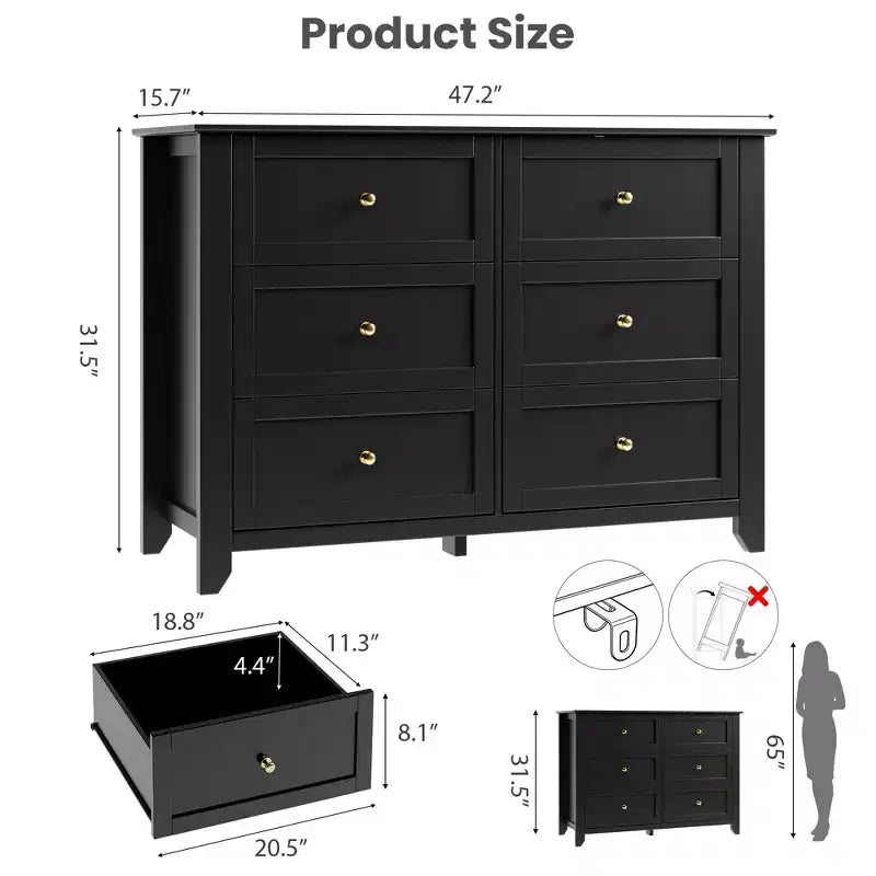 Commode 6 tiroirs pour chambre à coucher, commode en bois moderne avec tiroirs de rangement profonds