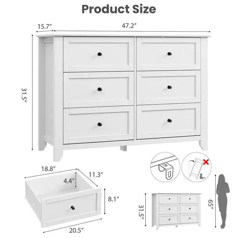 Commode 6 tiroirs pour chambre à coucher, commode en bois moderne avec tiroirs de rangement profonds