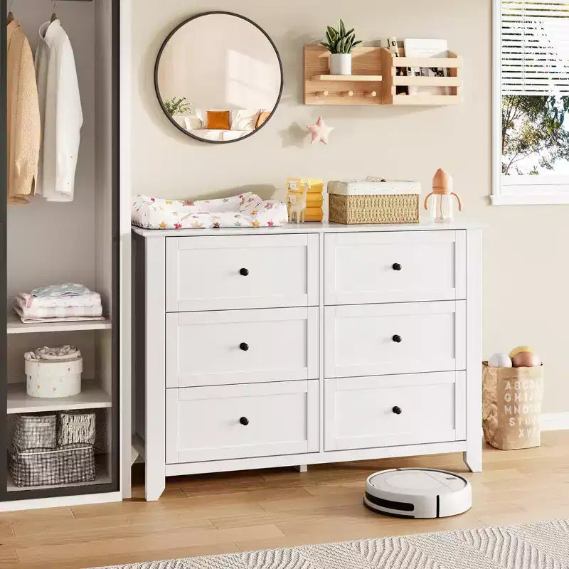 Commode 6 tiroirs pour chambre à coucher, commode en bois moderne avec tiroirs de rangement profonds