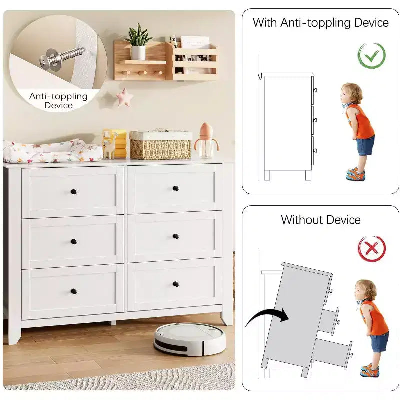 Commode 6 tiroirs pour chambre à coucher, commode en bois moderne avec tiroirs de rangement profonds