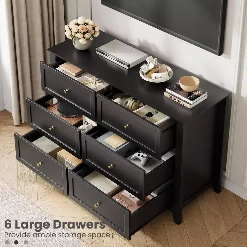 Commode 6 tiroirs pour chambre à coucher, commode en bois moderne avec tiroirs de rangement profonds