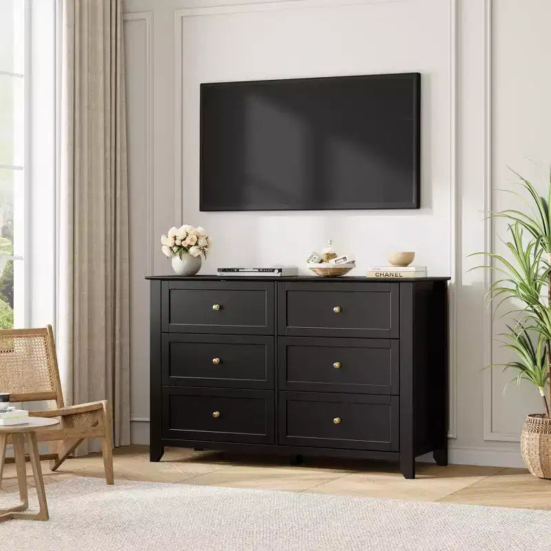 Commode 6 tiroirs pour chambre à coucher, commode en bois moderne avec tiroirs de rangement profonds