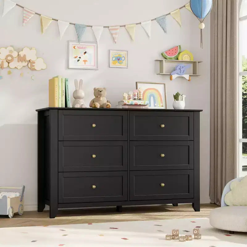 Commode 6 tiroirs pour chambre à coucher, commode en bois moderne avec tiroirs de rangement profonds