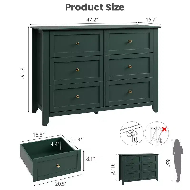 Commode 6 tiroirs pour chambre à coucher, commode en bois moderne avec tiroirs de rangement profonds