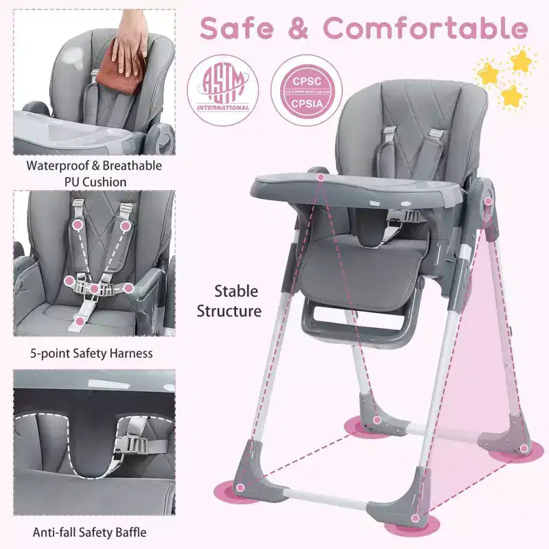 Chaise haute bébé multifonctionnelle avec hauteur et inclinaison réglables, pliable