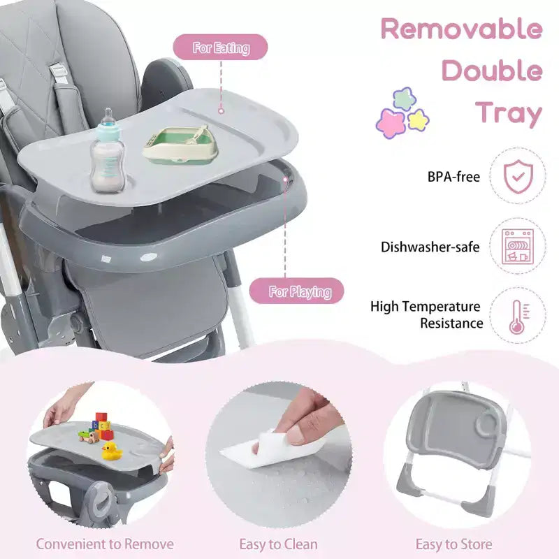 Chaise haute bébé multifonctionnelle avec hauteur et inclinaison réglables, pliable