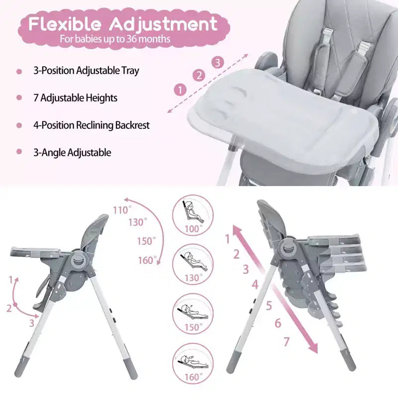 Chaise haute bébé multifonctionnelle avec hauteur et inclinaison réglables, pliable