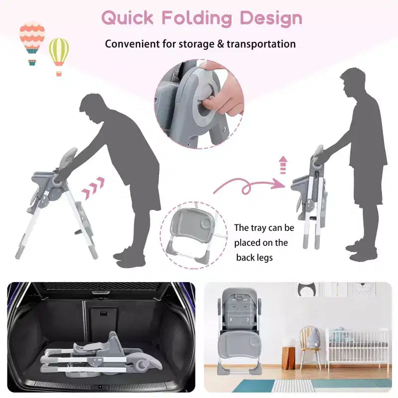 Chaise haute bébé multifonctionnelle avec hauteur et inclinaison réglables, pliable