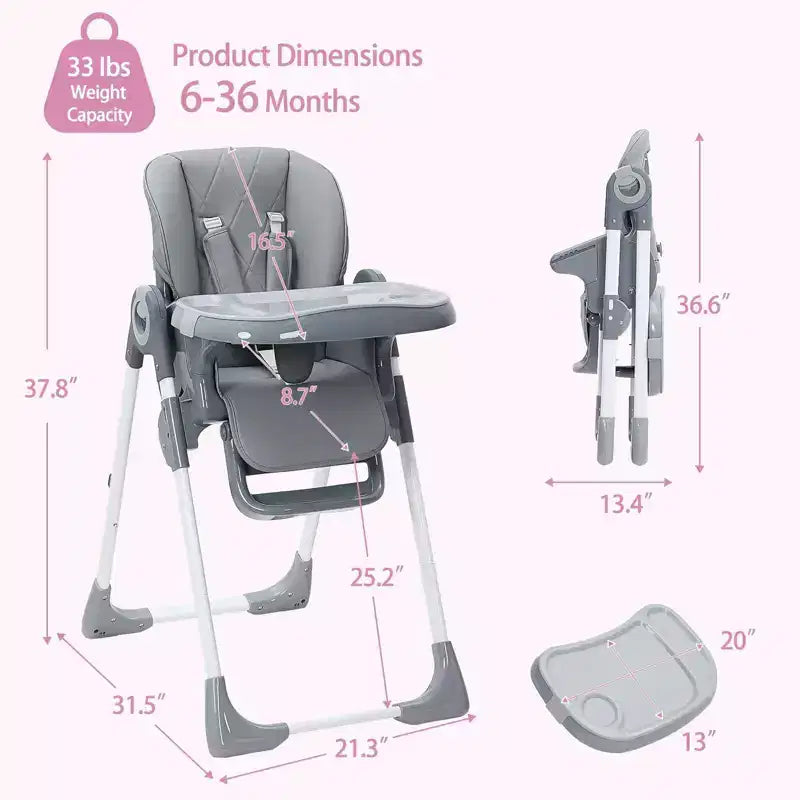 Chaise haute bébé multifonctionnelle avec hauteur et inclinaison réglables, pliable