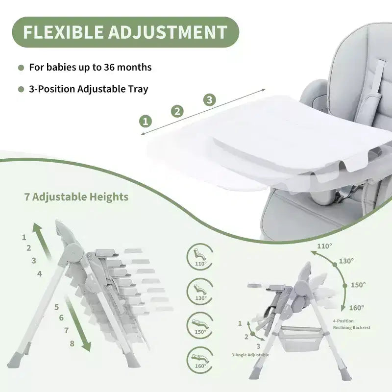 Chaise haute bébé multifonctionnelle avec hauteur et inclinaison réglables, pliable