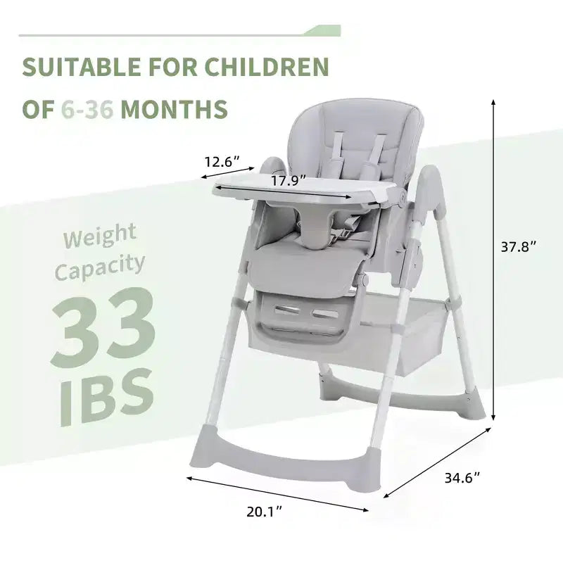Chaise haute bébé multifonctionnelle avec hauteur et inclinaison réglables, pliable