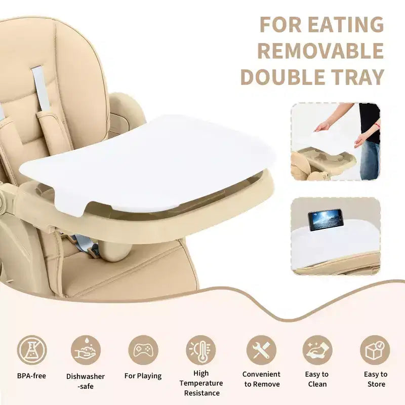 Chaise haute bébé multifonctionnelle avec hauteur et inclinaison réglables, pliable